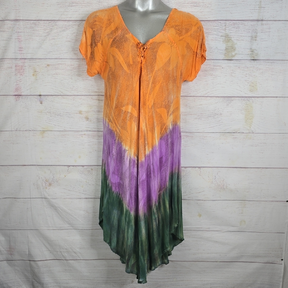 Exist Tie Dye Caftan Assymetrical Dress in Orange, Purple, and Green One Size